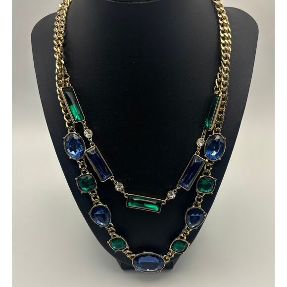 Signed NRQ (Avon) Goldtone Green Blue Rhinestones Double Strands Necklace - Picture 1 of 4